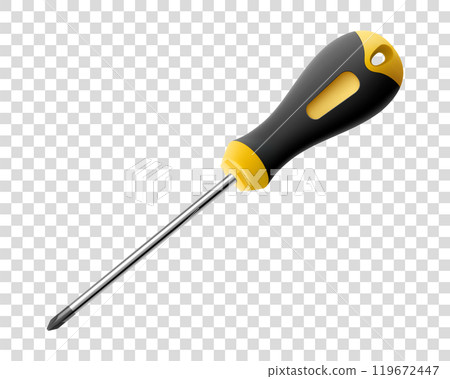 Phillips screwdriver isolated on transparent background. Black and yellow short screwdrivers. Metal tool for Home Repairs and Mechanical Work. Realistic 3d vector illustration. Phillips screwdriver isolated on transparent background. Black and yellow short screwdrivers. Metal tool for Home Repairs and Mechanical Work. Realistic 3d vector illustration. 119672447