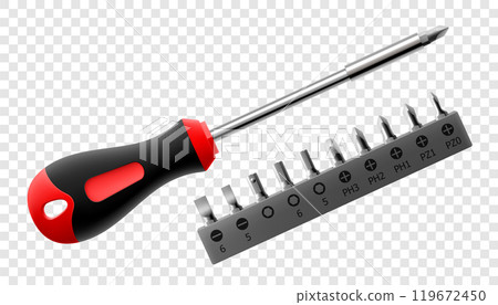 Phillips screwdriver with set of metal bits for screwdriver isolated on white background. Bits for bolts and screws. Bits for electric drill or cordless screwdriver. Realistic 3d vector 119672450