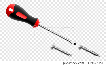Flat head screwdriver with screws isolated on transparent background. Black and red long screwdrivers. Metal tool for Home Repairs and Mechanical Work. Realistic 3d vector illustration. 119672451