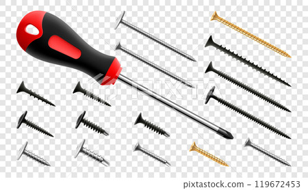 Screwdriver with screws and bolts isolated on transparent background. Black and yellow long screwdrivers. Metal tool for Home Repairs and Mechanical Work. Realistic 3d vector illustration. 119672453