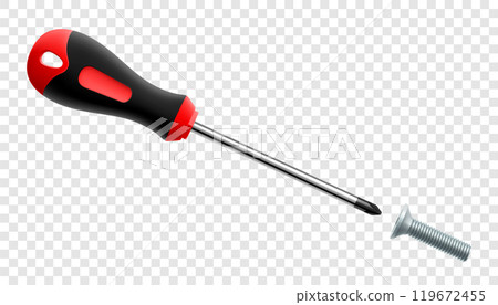 Screwdriver with bolt isolated on transparent background. Black and yellow long screwdrivers. Metal tool for Home Repairs and Mechanical Work. Realistic 3d vector illustration. 119672455
