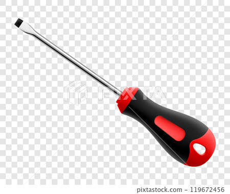 Flat head screwdriver isolated on transparent background. Black and red long screwdrivers. Metal tool for Home Repairs and Mechanical Work. Realistic 3d vector illustration. Flat head screwdriver isolated on transparent background. Black and red long screwdrivers. Metal tool for Home Repairs and Mechanical Work. Realistic 3d vector illustration. 119672456