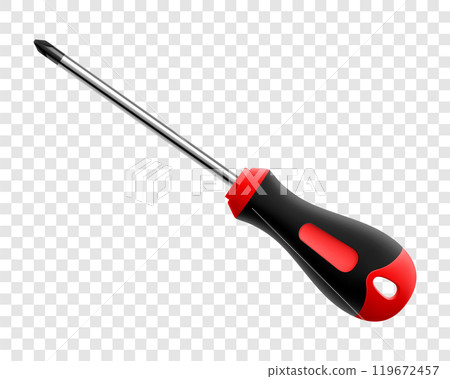 Phillips screwdriver isolated on transparent background. Black and yellow short screwdrivers. Metal tool for Home Repairs and Mechanical Work. Realistic 3d vector illustration. Phillips screwdriver isolated on transparent background. Black and yellow short screwdrivers. Metal tool for Home Repairs and Mechanical Work. Realistic 3d vector illustration. 119672457
