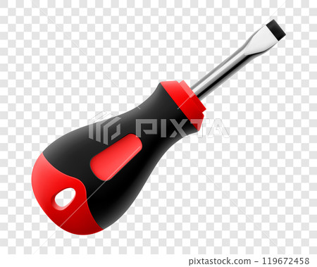 Flat head screwdriver isolated on transparent background. Black and red long screwdrivers. Metal tool for Home Repairs and Mechanical Work. Realistic 3d vector illustration. Flat head screwdriver isolated on transparent background. Black and red long screwdrivers. Metal tool for Home Repairs and Mechanical Work. Realistic 3d vector illustration. 119672458