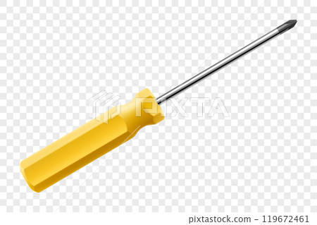 Phillips screwdriver isolated on transparent background. Black and yellow short screwdrivers. Metal tool for Home Repairs and Mechanical Work. Realistic 3d vector illustration. 119672461