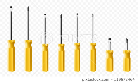 Set of screwdrivers isolated on transparent background. Yellow long and short screwdrivers. Metal tool for Home Repairs and Mechanical Work. Realistic 3d vector illustration. Set of screwdrivers isolated on transparent background. Yellow long and short screwdrivers. Metal tool for Home Repairs and Mechanical Work. Realistic 3d vector illustration. 119672464