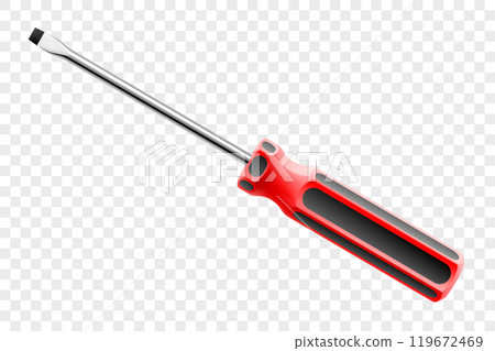 Flathead screwdriver isolated on transparent background. Black and red long screwdrivers. Metal tool for Home Repairs and Mechanical Work. Realistic 3d vector illustration. Flathead screwdriver isolated on transparent background. Black and red long screwdrivers. Metal tool for Home Repairs and Mechanical Work. Realistic 3d vector illustration. 119672469