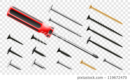 Screwdriver with screws and bolts isolated on transparent background. Black and yellow long screwdrivers. Metal tool for Home Repairs and Mechanical Work. Realistic 3d vector illustration. Screwdriver with screws and bolts isolated on transparent background. Black and yellow long screwdrivers. Metal tool for Home Repairs and Mechanical Work. Realistic 3d vector illustration. 119672470