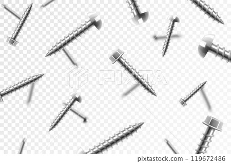 Flying metal screws and bolts, isolated on transparent background. Many silver falling screws. ?onstruction, repair tools. Steel chrome nails, grey instruments minimalist concept. 119672486