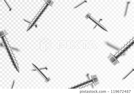 Flying metal screws and bolts, isolated on transparent background. Many silver falling screws. ?onstruction, repair tools. Steel chrome nails, grey instruments minimalist concept. Flying metal screws and bolts, isolated on transparent background. Many silver falling screws. ?onstruction, repair tools. Steel chrome nails, grey instruments minimalist concept. 119672487