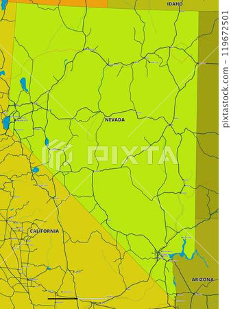 A detailed editable vector map of the U.S. state of Nevada. The map highlights state boundaries, major cities, highways, rivers, and geographic features. Ideal for design and presentations. 119672501