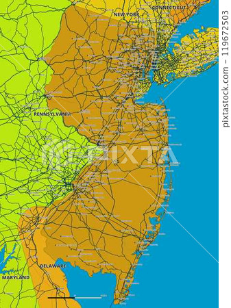 A detailed editable vector map of the U.S. state of New Jersey. The map highlights state boundaries, major cities, highways, rivers, and geographic features. Ideal for design and presentations. A detailed editable vector map of the U.S. state of New Jersey. The map highlights state boundaries, major cities, highways, rivers, and geographic features. Ideal for design and presentations. 119672503