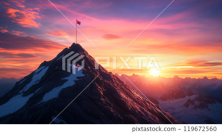 山頂上的旗幟和日出 119672560
