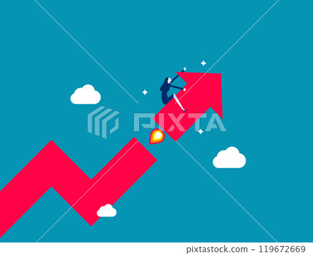 Investment growth boosting profit earning, increase market return or boost growth, growing fast, startup launch project or improvement concept, businessman riding rising up arrow with rocket booster. 119672669