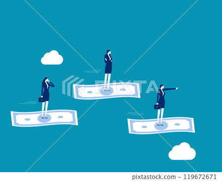 Cash flow, investment direction or financial trend, profit or earning from business, income or salary, stock market investing, wealth expert concept, business people riding flying money banknotes. Cash flow, investment direction or financial trend, profit or earning from business, income or salary, stock market investing, wealth expert concept, business people riding flying money banknotes. 119672671