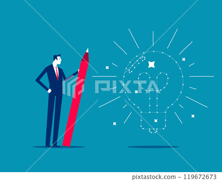 Connecting the dot, solving puzzle problem or business idea, innovation or creativity, challenge or thinking process concept, businessman holding pencil connecting dot puzzle as new lightbulb idea. 119672673