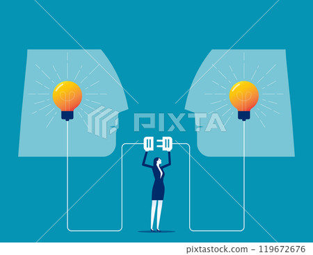 Cooperation or collaboration concept. Communication for success, connect idea or understanding, agreement or solving problem together, businessman connect to bright up lightbulb idea on human head. 119672676