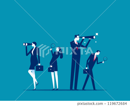 Search opportunity, finding new job, inspection or research, SEO or analyze for optimization, inspect or looking for future, career development concept, business people with binoculars, telescope. 119672684