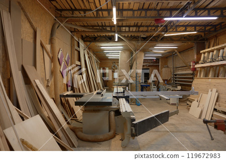 Woodworking interior with circular cutting table machine Woodworking interior with circular cutting table machine 119672983