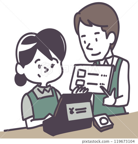 在培訓中教授收銀會計的員工和兼職工人 119673104