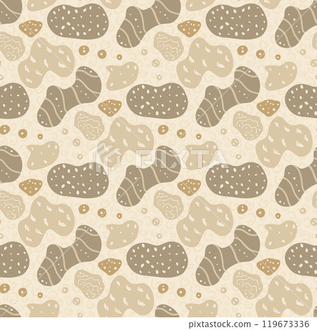 Seamless abstract pattern with beige sea shapes and dotted textures, ideal for ocean-themed 119673336