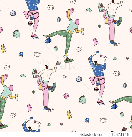 People on climbing wall seamless pattern. Rock clambering park endless background. Indoor bouldering 119673346