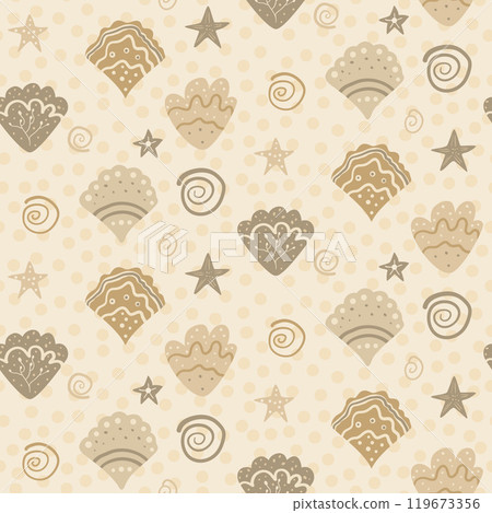 Seashells, starfish, and abstract shapes seamless pattern. Nursery endless background. Childish 119673356