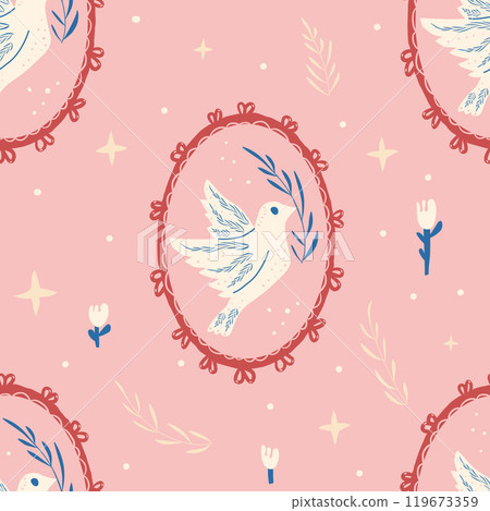 Flying pigeon holding an tree branch seamless pattern. Dove of peace in oval frame folk style Flying pigeon holding an tree branch seamless pattern. Dove of peace in oval frame folk style 119673359