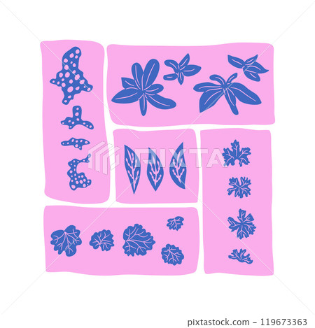 Stylized leaves and plants emblem. Vibrant organic shapes in rectangle segment. Vector hand drawn Stylized leaves and plants emblem. Vibrant organic shapes in rectangle segment. Vector hand drawn 119673363