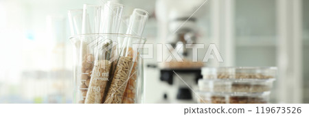 Glass tubes with cereals in agricultural laboratory 119673526