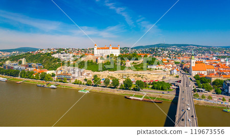 Aerial panorama of Bratislava, Slovakia.View from the SNP Bridge Aerial panorama of Bratislava, Slovakia.View from the SNP Bridge 119673556