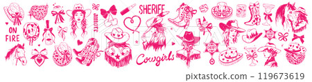 Cowgirl coquettish illustration set, vector western bachelorette disco hand drawn party sticker.  119673619