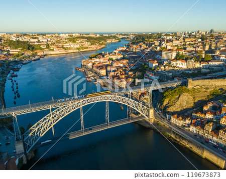 Porto City, Douro River and Dom Luis Bridge I with Tram in Morning. Aerial View Porto City, Douro River and Dom Luis Bridge I with Tram in Morning. Aerial View 119673873
