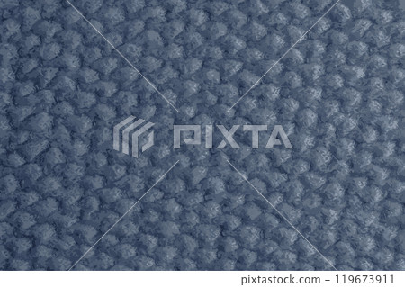 Realistic illustration of a grey-blue knitted carpet close-up. Textile texture on a gray-blue background. Detailed warm yarn background. Natural wool fabric, sweater fragment. 119673911