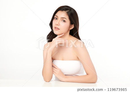 Beautiful young asian woman with clean fresh skin on white background, Face care, Facial treatment, Cosmetology, beauty and spa, Asian women portrait. Beautiful young asian woman with clean fresh skin on white background, Face care, Facial treatment, Cosmetology, beauty and spa, Asian women portrait. 119673985