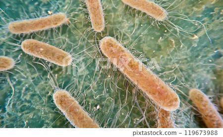 Bacteria with flagella under microscope, generative ai illustration 119673988