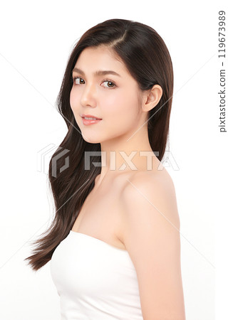 Beautiful young asian woman with clean fresh skin on white background, Face care, Facial treatment, Cosmetology, beauty and spa, Asian women portrait. 119673989
