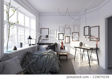 scandinavian style bedroom interior. 119674236