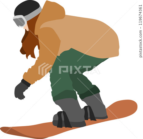 Illustration of a woman snowboarding on a snowy mountain in winter 119674361