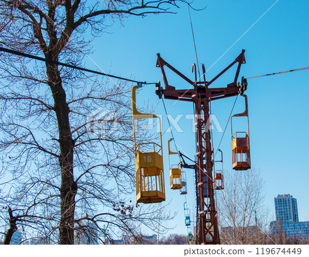 Old cable car in Dnepropetrovsk. Cableway equipment and mechanisms. Old cable car in Dnepropetrovsk. Cableway equipment and mechanisms. 119674449