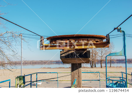 Old cable car in Dnepropetrovsk. Cableway equipment and mechanisms. Old cable car in Dnepropetrovsk. Cableway equipment and mechanisms. 119674454