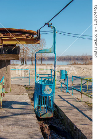 Old cable car in Dnepropetrovsk. Cableway equipment and mechanisms. 119674455