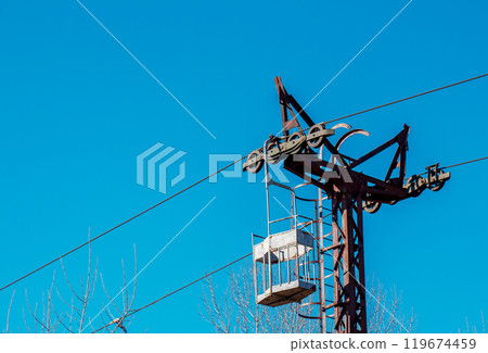 Old cable car in Dnepropetrovsk. Cableway equipment and mechanisms. Old cable car in Dnepropetrovsk. Cableway equipment and mechanisms. 119674459