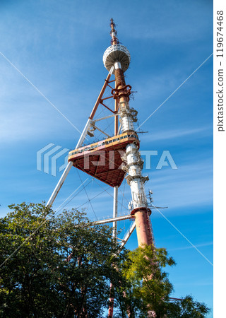 Tbilisi TV broadcasting communications tower located in Mtatsminda Park in Tbilisi, capital of Georgia Tbilisi TV broadcasting communications tower located in Mtatsminda Park in Tbilisi, capital of Georgia 119674468