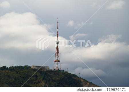 Tbilisi TV broadcasting communications tower located in Mtatsminda Park in Tbilisi, capital of Georgia 119674471