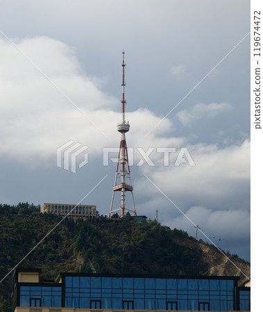 Tbilisi TV broadcasting communications tower located in Mtatsminda Park in Tbilisi, capital of Georgia 119674472