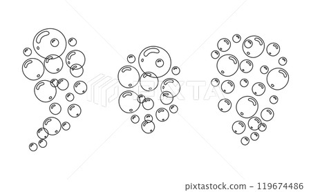 Set of water bubbles cluster in doodle style. Linear vector illustration of soap foam of different shapes Set of water bubbles cluster in doodle style. Linear vector illustration of soap foam of different shapes 119674486