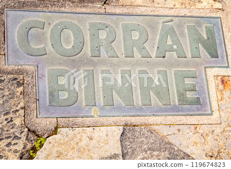 Irish sign explaining that this is the point of the cliff or as it is also known as Horn Head in County Donegal in Ireland Irish sign explaining that this is the point of the cliff or as it is also known as Horn Head in County Donegal in Ireland 119674823