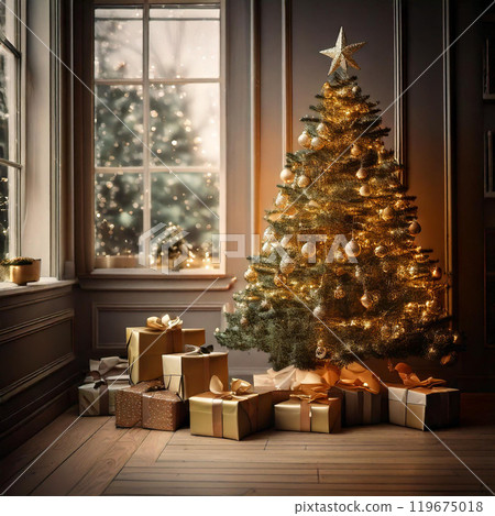 溫暖的房間裡的聖誕樹和聖誕禮物 119675018