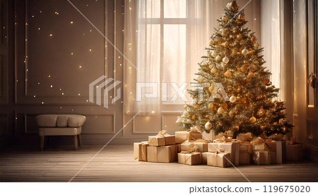 溫暖的房間裡的聖誕樹和聖誕禮物 119675020
